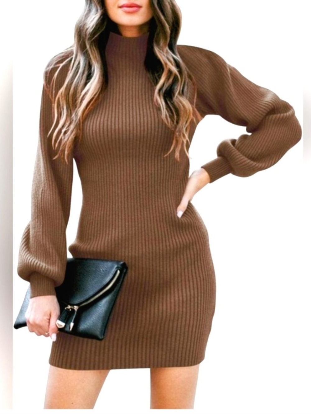 High Neck Ribbed Bodycon Sweater Dress Long Sleeve Brown